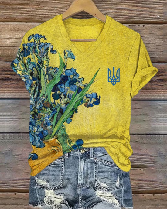 Ukraine Trident Irises Oil Painting V Neck T Shirt Ukraine Trident Irises Oil Painting V Neck T Shirt