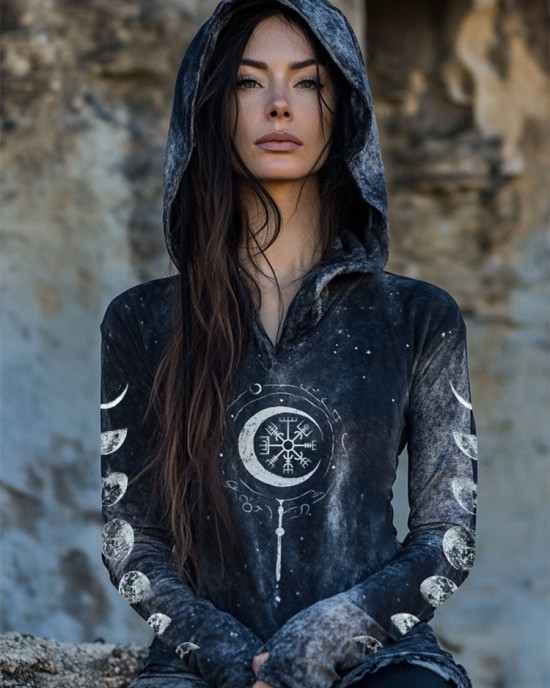 Viking Vegvisir Moon Phase Mystical Handmade Hoodie Viking Vegvisir Moon Phase Mystical Handmade Hoodie