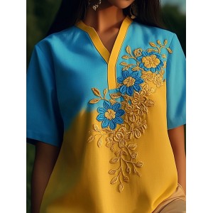Ukrainian Ethnic Floral Embroidery Gradient Linen Women's Shirt