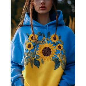 Ukraine Sunflowers Embroidered Contrast Color Hoodie