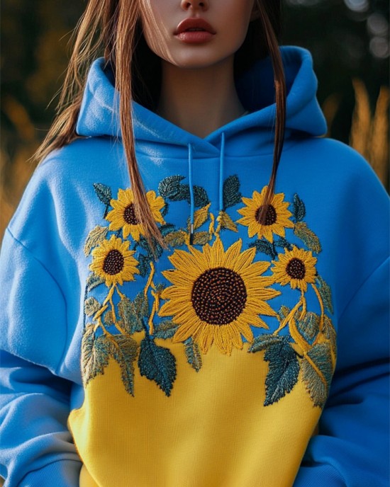 Ukraine Sunflowers Embroidered Contrast Color Hoodie