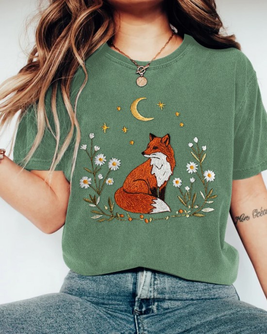 Vintage Fox Embroidered Comfy T Shirt