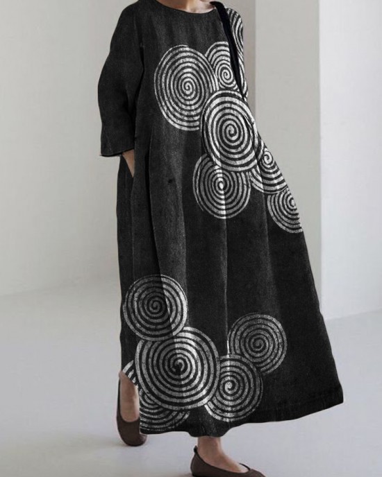 Sea Waves Ripples Japanese Lino Art Linen Blend Maxi Dress Sea Waves Ripples Japanese Lino Art Linen Blend Maxi Dress