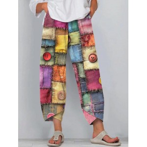Women's Boho Multicolor Patchwork Art Linen Blend Pants