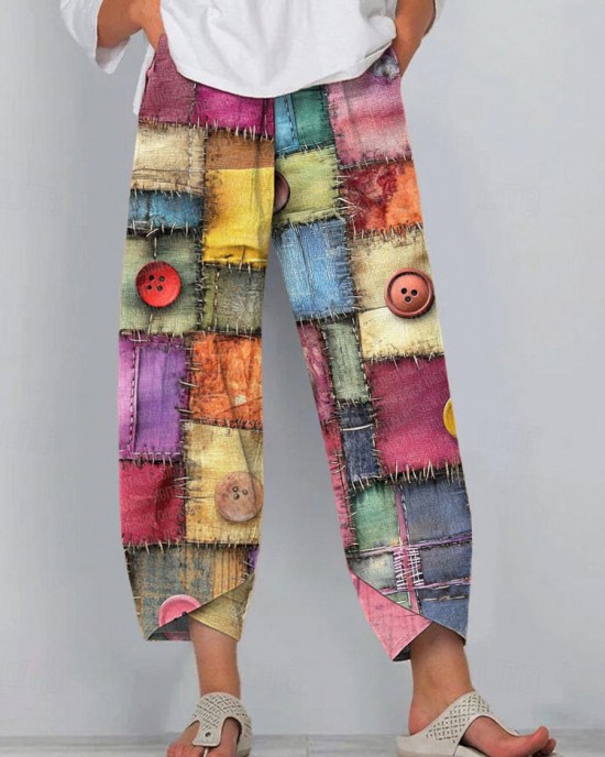 Women's Boho Multicolor Patchwork Art Linen Blend Pants