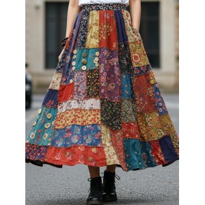 Bohemian Style Colorful Patchwork Ethnic Print Skirt