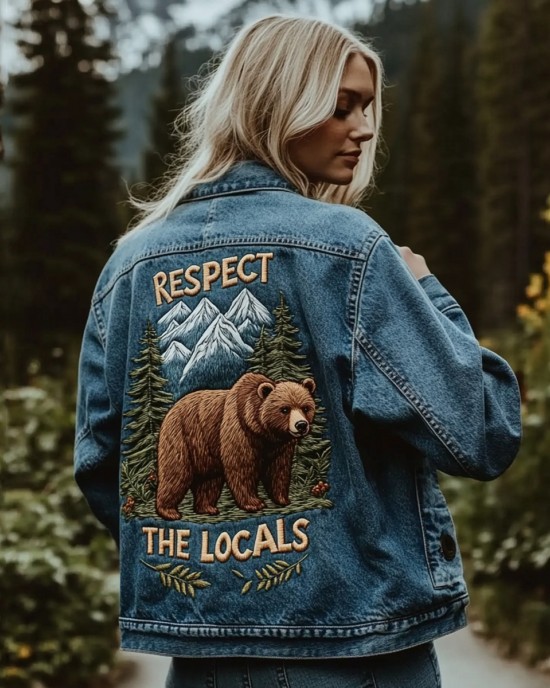 Respect The Locals Bear Embroidery Women's Denim Jacket Respect The Locals Bear Embroidery Women's Denim Jacket