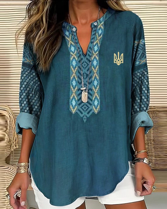 Women's Ukraine Ethnic Art Print V-neck Linen Blend Shirt