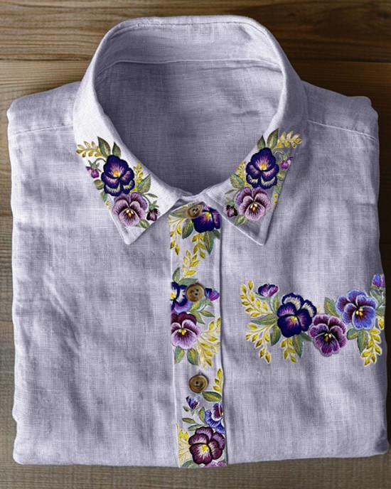 Classy Pansy Floral Embroidered Linen Blend Blouse Classy Pansy Floral Embroidered Linen Blend Blouse