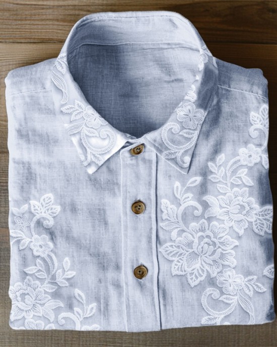Classy Floral Embroidered Lace Linen Blend Blouse Classy Floral Embroidered Lace Linen Blend Blouse