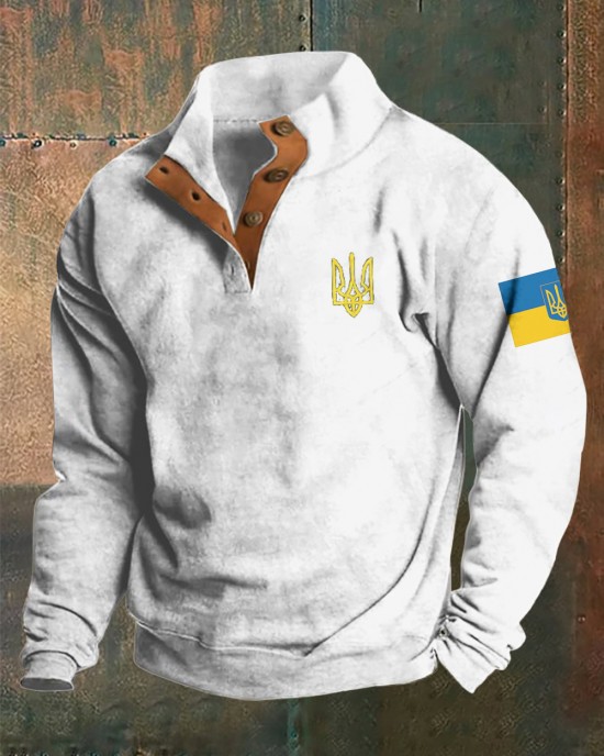Men Support Ukrainian Trident Symbol Button Stand Collar Sweatshirt Men Support Ukrainian Trident Symbol Button Stand Collar Sweatshirt