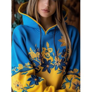 Ukraine Ethnic Floral Embroidered Contrast Color Hoodie