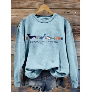 Protect Our Oceans Marine Animals Embroidered Washed Sweatshirt