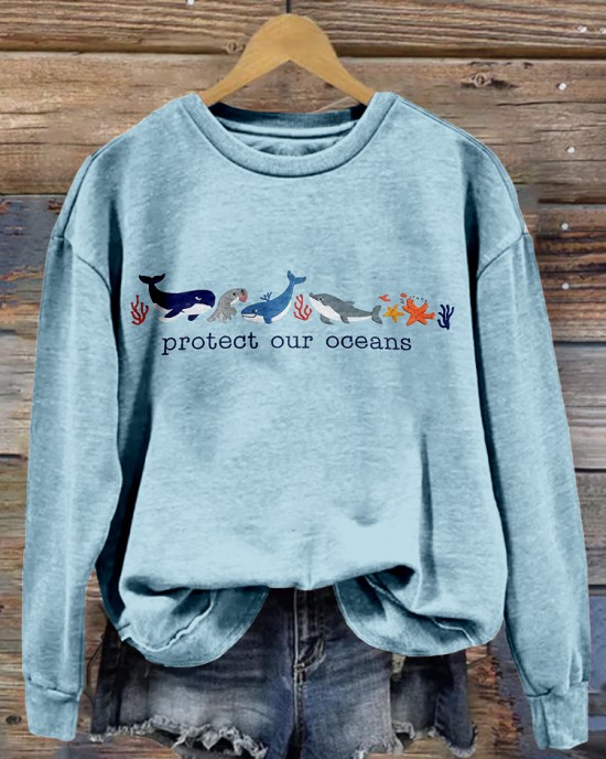 Protect Our Oceans Marine Animals Embroidered Washed Sweatshirt