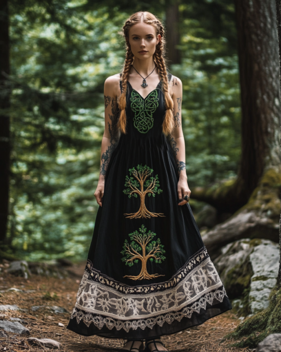 Tribal Celtic Knot Life Of Tree Lace Patchwork Art Linen Tank Dress