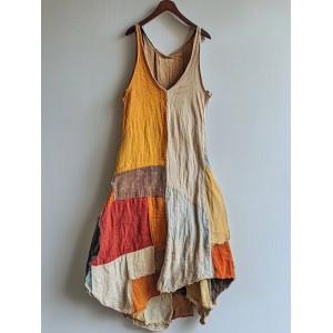Vintage Patchwork Art Linen Blend Midi Dress