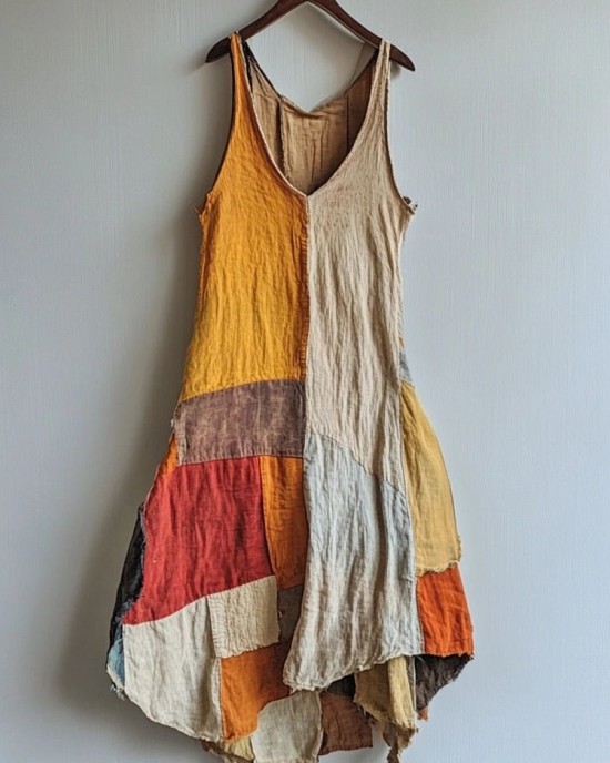 Vintage Patchwork Art Linen Blend Midi Dress Vintage Patchwork Art Linen Blend Midi Dress
