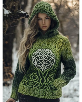 Viking Age Totem Knit Pattern Women's Hooded Sweater