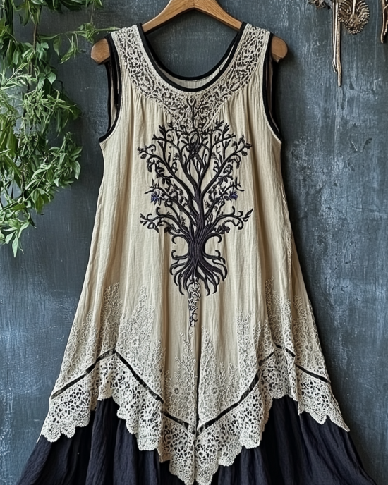 Women's Vintage Tribal Viking Tree Of Life Lace Panel Dress Women's Vintage Tribal Viking Tree Of Life Lace Panel Dress