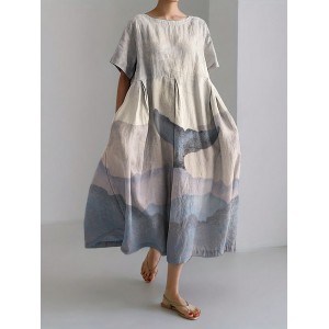 Whale Tail Sea Waves Colorblock Linen Blend Maxi Dress