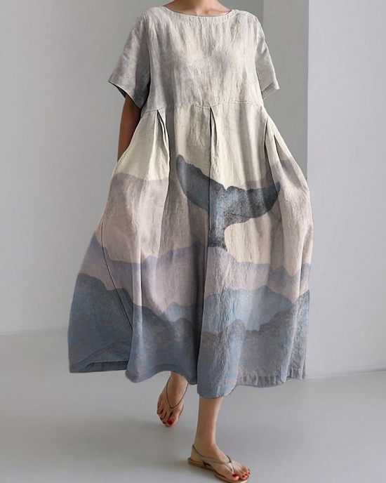 Whale Tail Sea Waves Colorblock Linen Blend Maxi Dress Whale Tail Sea Waves Colorblock Linen Blend Maxi Dress