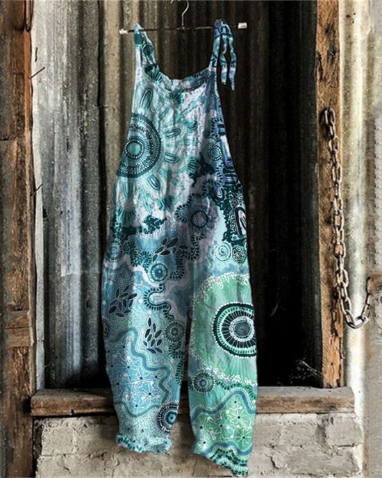 Boho Floral Ethnic Art Linen Blend Jumpsuit