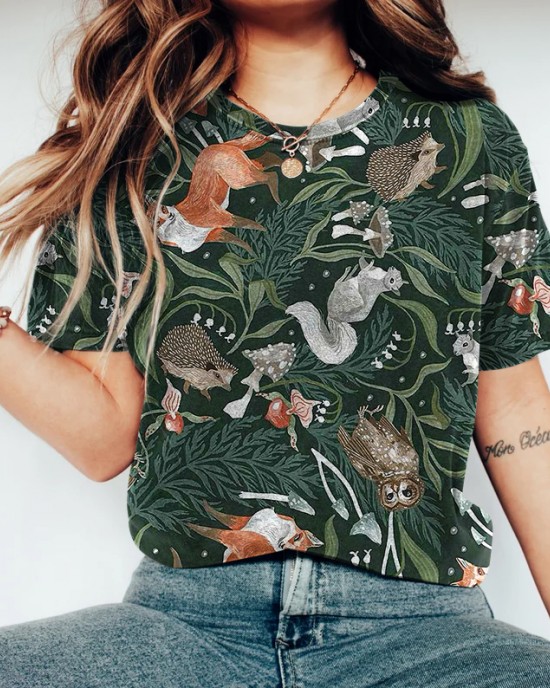 Vintage Forest Animals Printed Comfy T Shirt