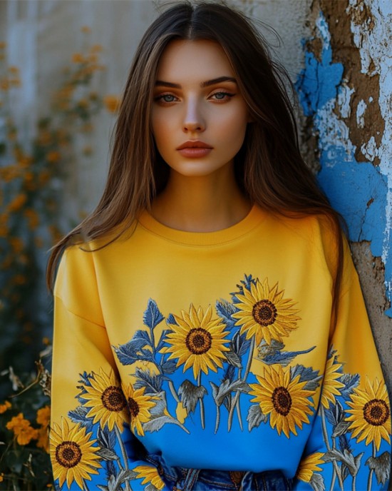 Sunflowers Embroidered Ukraine Contrast Color Sweatshirt Sunflowers Embroidered Ukraine Contrast Color Sweatshirt