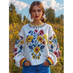 Ukrainian Folk Floral Embroidery Linen Shirt