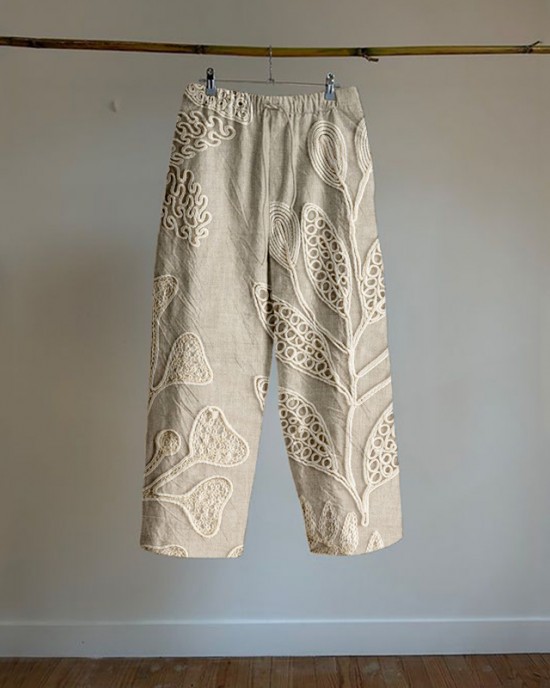 Vintage Leaf Embroidery Art Linen Blend Comfy Pants Vintage Leaf Embroidery Art Linen Blend Comfy Pants