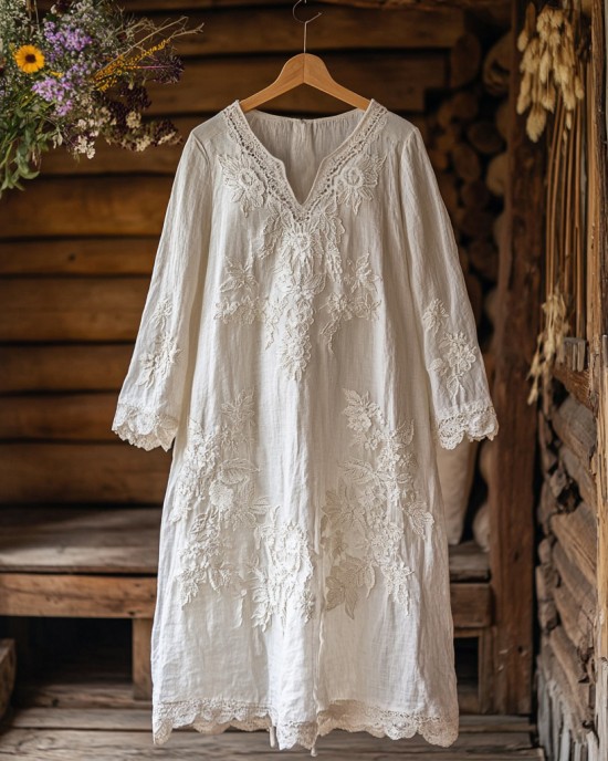 Floral Embroidery Lace Art Linen Blend Maxi Dress Floral Embroidery Lace Art Linen Blend Maxi Dress