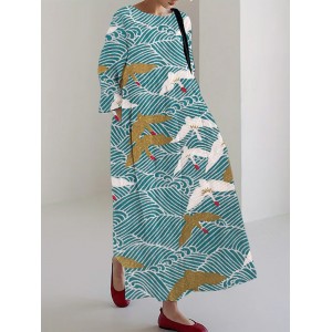 Wave & Crane Print Linen Blend Maxi Dress
