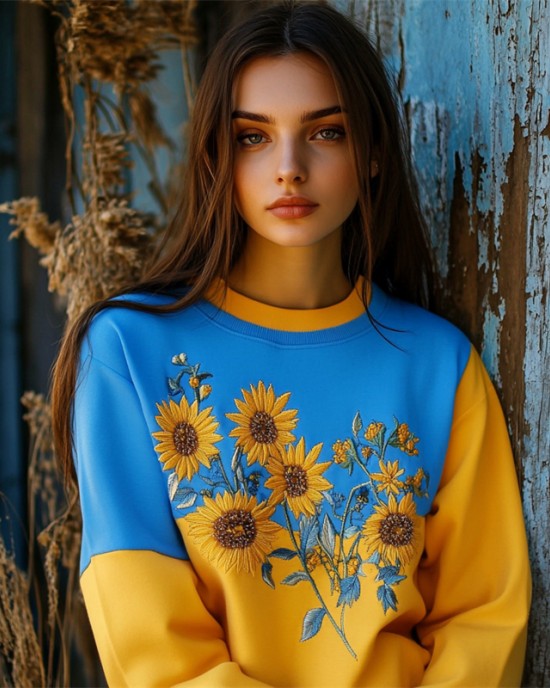Sunflowers Embroidered Ukraine Contrast Color Sweatshirt Sunflowers Embroidered Ukraine Contrast Color Sweatshirt
