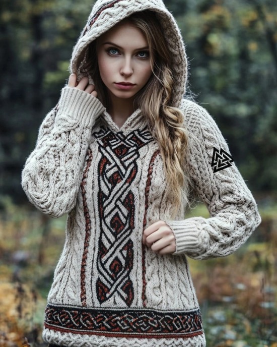 Viking Valknut Embroidered Retro Jacquard Cozy Hooded Sweater Viking Valknut Embroidered Retro Jacquard Cozy Hooded Sweater