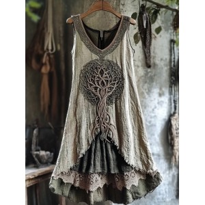 Tribal Tree Of Life Lace Patchwork Art Linen Tank Dress
