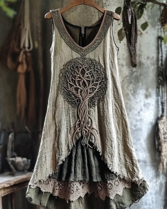 Tribal Tree Of Life Lace Patchwork Art Linen Tank Dress