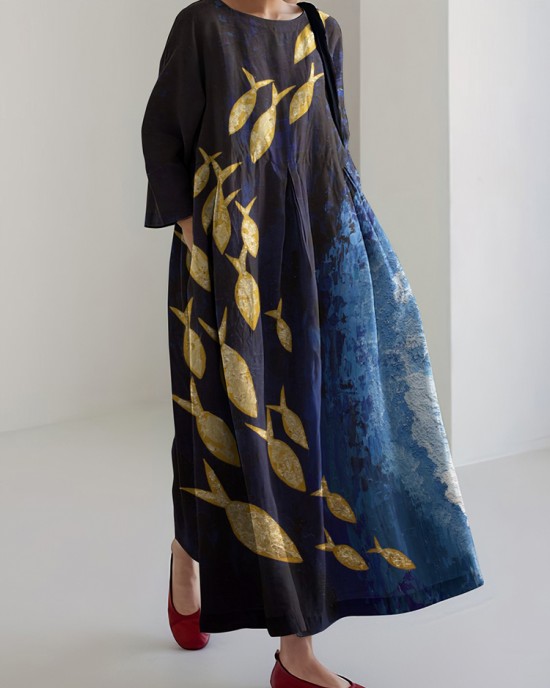 Women's Ocean Fish Schools Linen Blend Maxi Dress Women's Ocean Fish Schools Linen Blend Maxi Dress