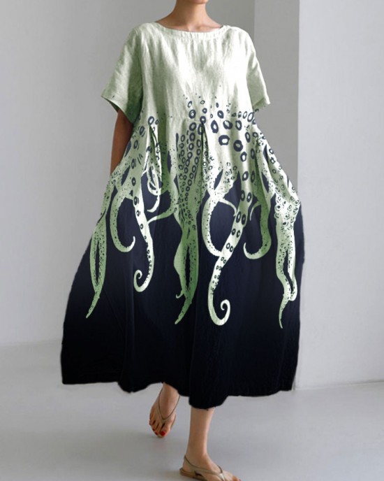 Ocean Octopus Japanese Art Linen Blend Casual Dress Ocean Octopus Japanese Art Linen Blend Casual Dress