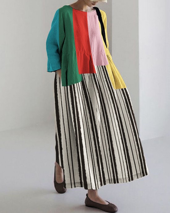Colorblock Geometric Art Striped Linen Blend Maxi Dress Colorblock Geometric Art Striped Linen Blend Maxi Dress