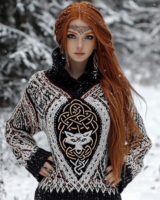 Women's Viking Wolf Jacquard Celtic Style Knitted Hooded Sweater Women's Viking Wolf Jacquard Celtic Style Knitted Hooded Sweater