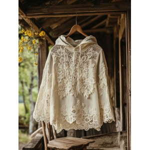 Women's Retro Floral Lace Embroidery Patchwork Art Hoodie