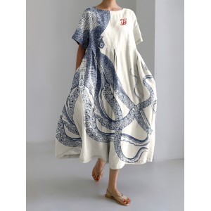 Japanese Art Octopus And Crab Print Casual Art Linen Blend Maxi Dress