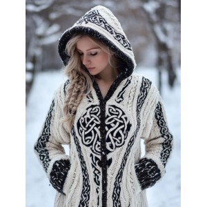 Women's Vintage Celtic Knot Jacquard Cozy Knit Hooded Cardigan