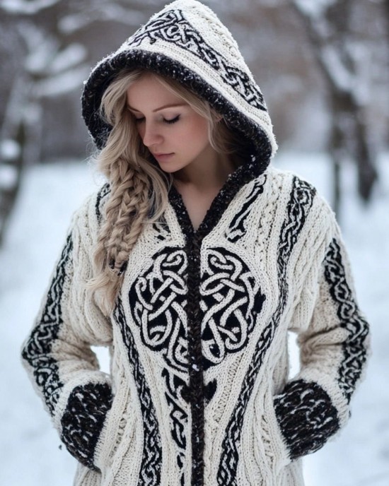 Women's Vintage Celtic Knot Jacquard Cozy Knit Hooded Cardigan Women's Vintage Celtic Knot Jacquard Cozy Knit Hooded Cardigan