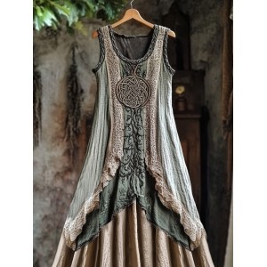 Tribal Celtic Knot Plant Embroidery Lace Patchwork Art Linen Tank Dress