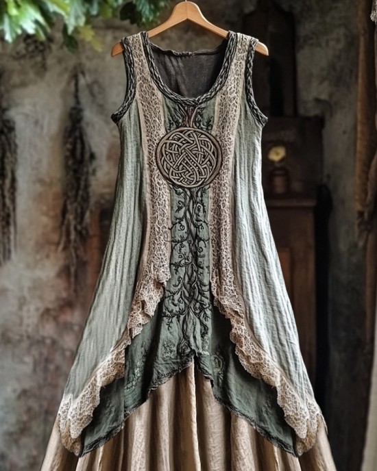 Tribal Celtic Knot Plant Embroidery Lace Patchwork Art Linen Tank Dress Tribal Celtic Knot Plant Embroidery Lace Patchwork Art Linen Tank Dress