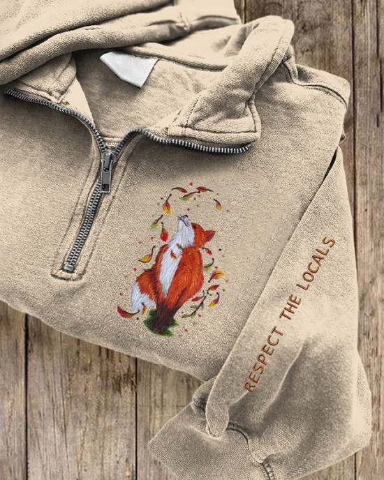 Respect The Locals Fox Embroidered Zip Up Sweatshirt