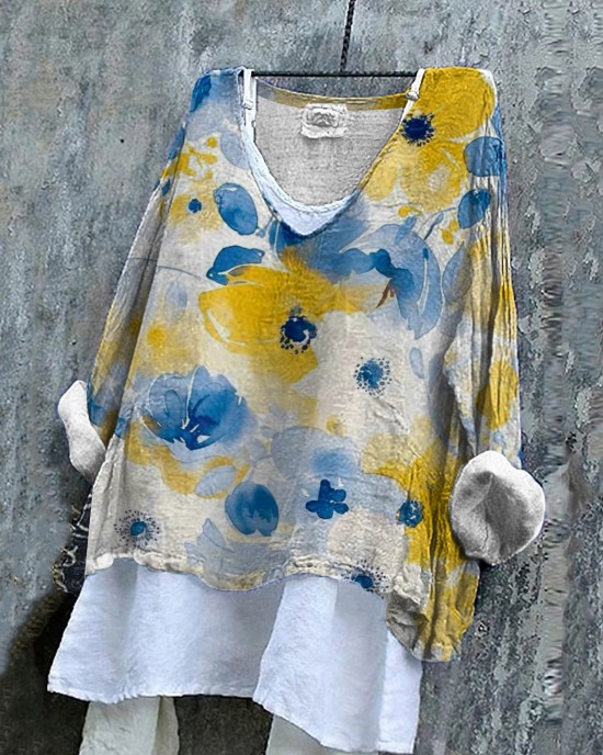 Ukrainian Floral Print Linen Women's V-neck Shirt