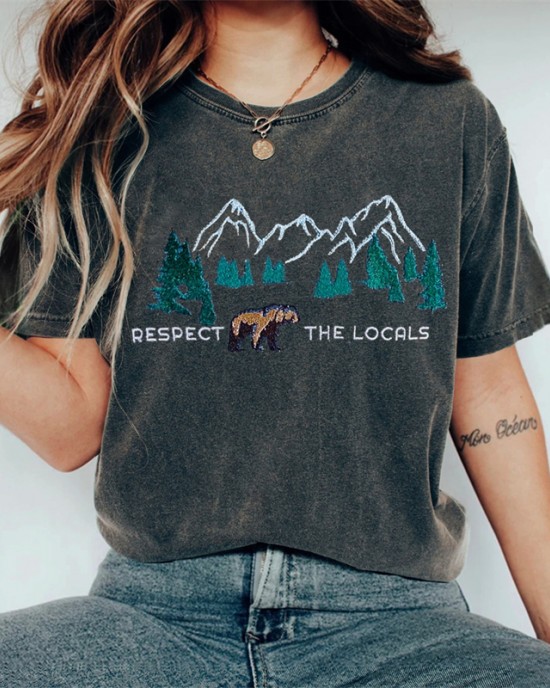 Respect The Locals Bear Landscape Embroidered Washed T Shirt