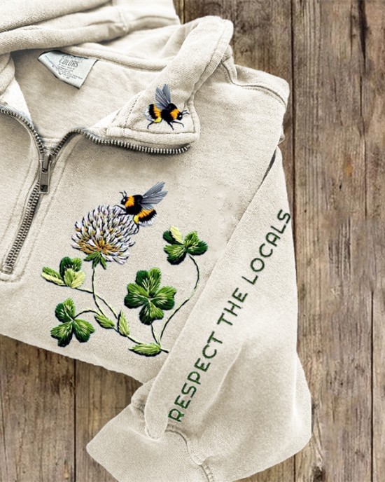 Respect The Locals Bees & Clovers Embroidered Zip Up Sweatshirt Respect The Locals Bees & Clovers Embroidered Zip Up Sweatshirt